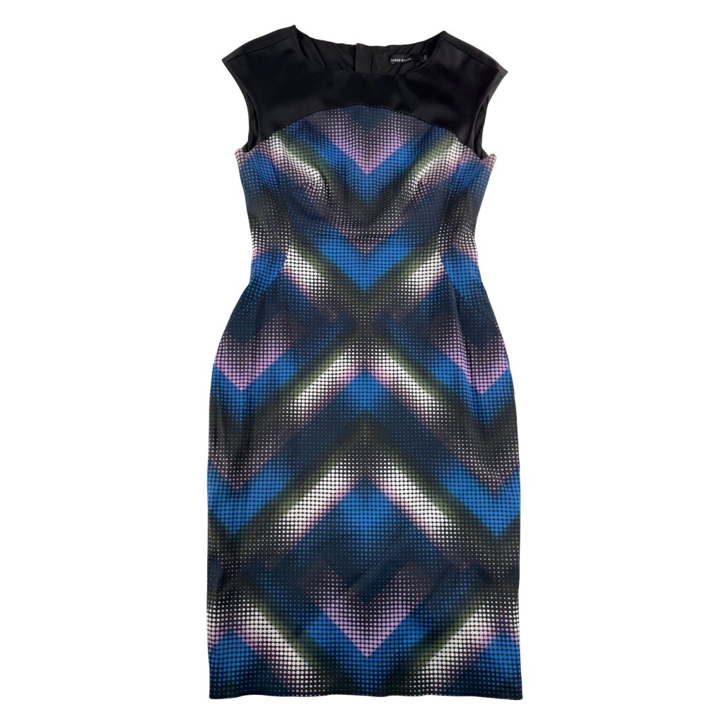 Karen Millen Geo Print Satin Midi Sheath Dress Retro Cocktail Sz 8
